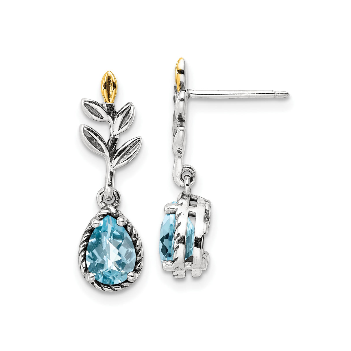 14k Yellow Gold and Sterling Silver Dangle Earrings with Swiss Blue Topaz, Leaf and Flower Design