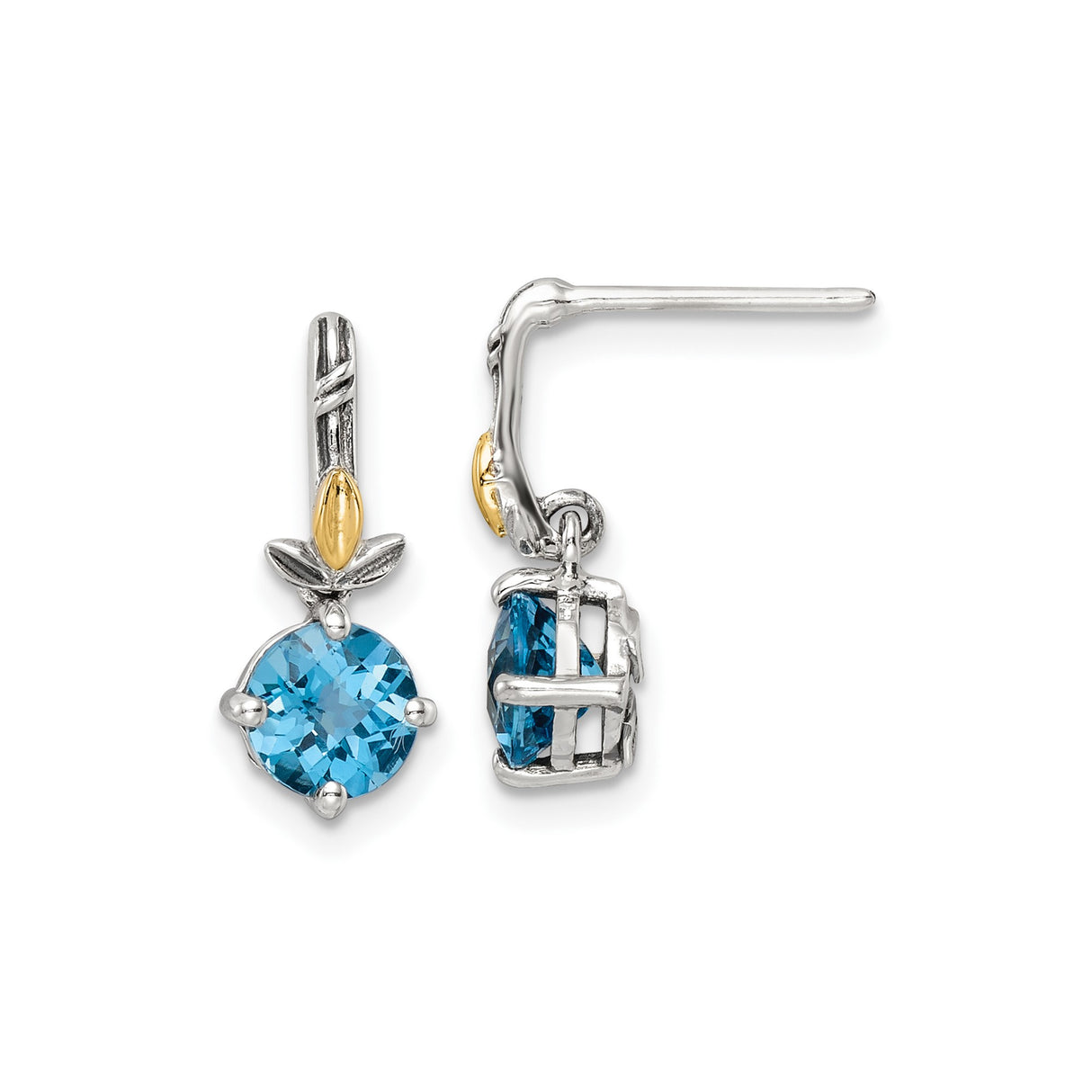 14k Yellow Gold and Sterling Silver Dangle Earrings with Swiss Blue Topaz, Leaf Motif Design