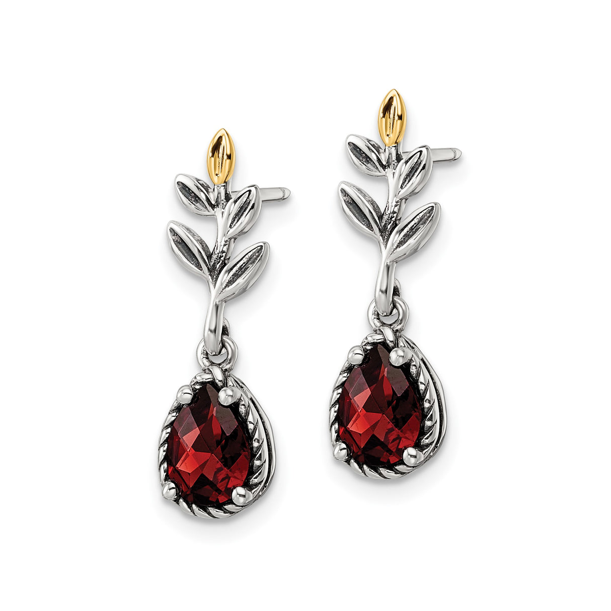 14k Yellow Gold Drop Earrings with Garnet, Two-Tone Leaf and Bud Design for Women