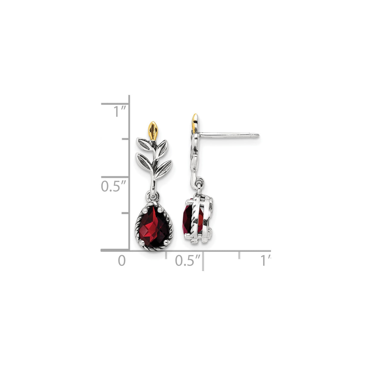 14k Yellow Gold Drop Earrings with Garnet, Two-Tone Leaf and Bud Design for Women