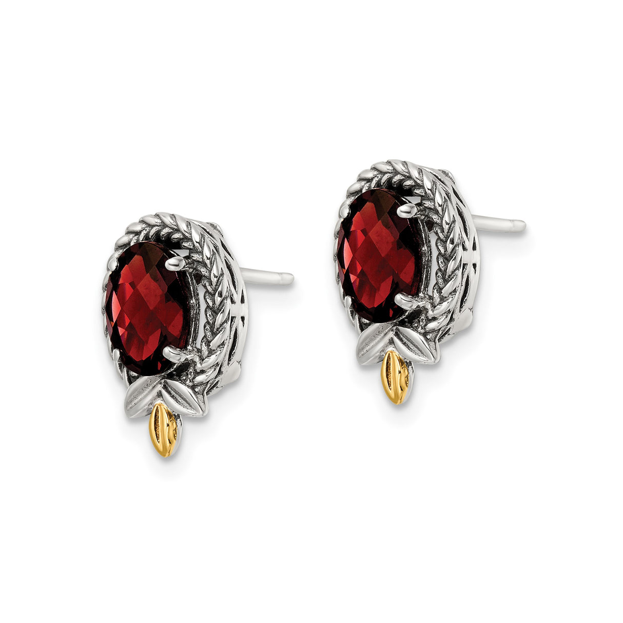 14k Yellow Gold Celtic Knot Stud Earrings with Garnet in Rope Bezel Setting