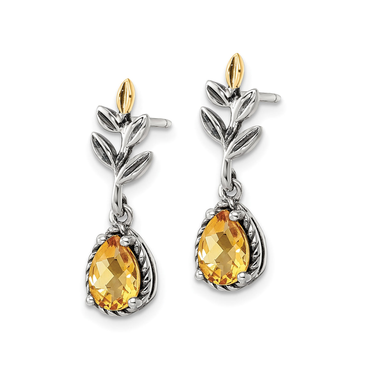14k Two Tone Gold Dangle Earrings with Citrine, Leaf and Bud Botanical Design for Women