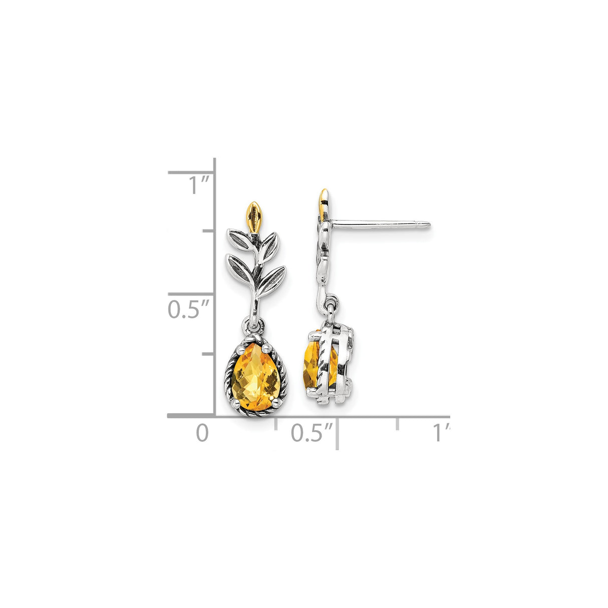 14k Two Tone Gold Dangle Earrings with Citrine, Leaf and Bud Botanical Design for Women