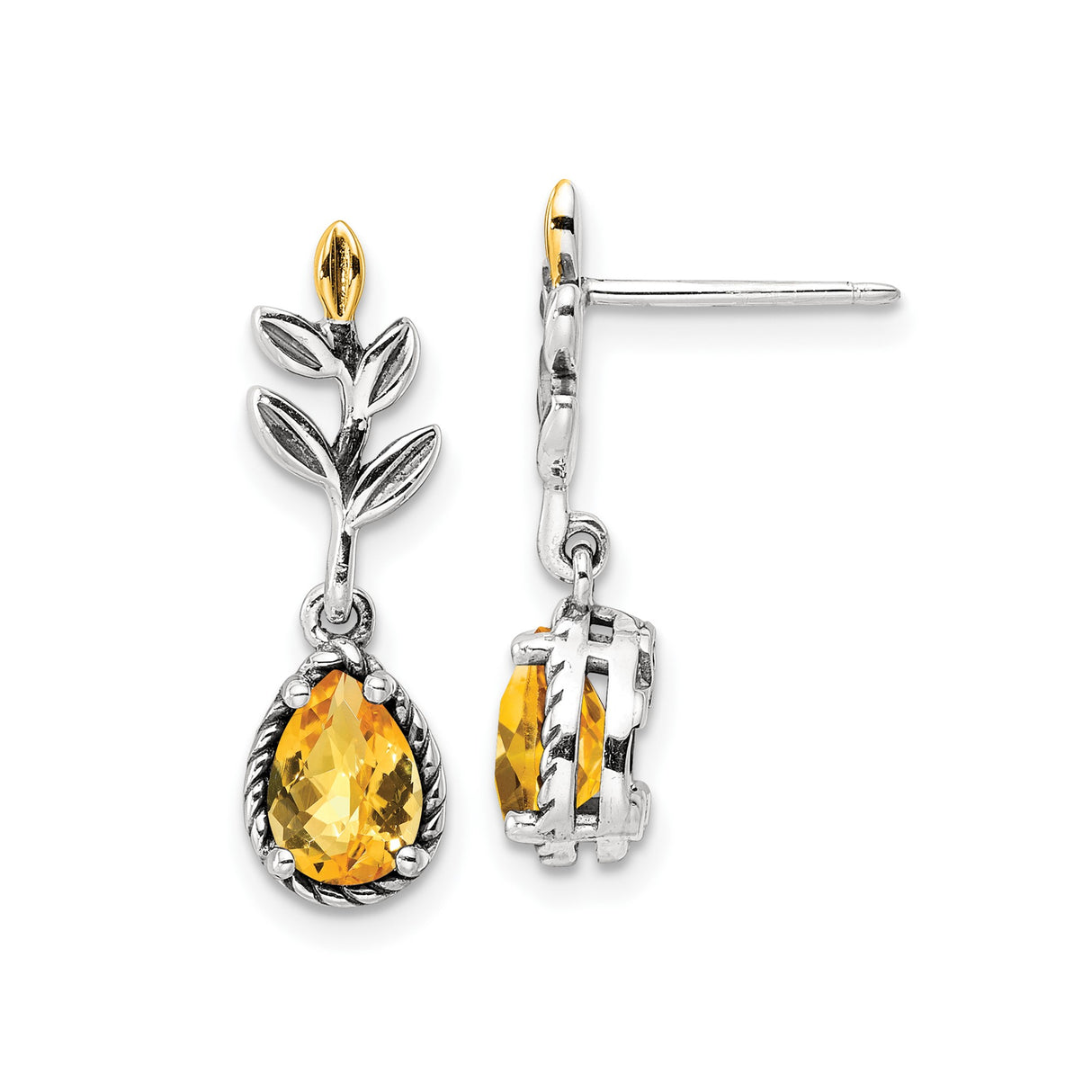 14k Two Tone Gold Dangle Earrings with Citrine, Leaf and Bud Botanical Design for Women
