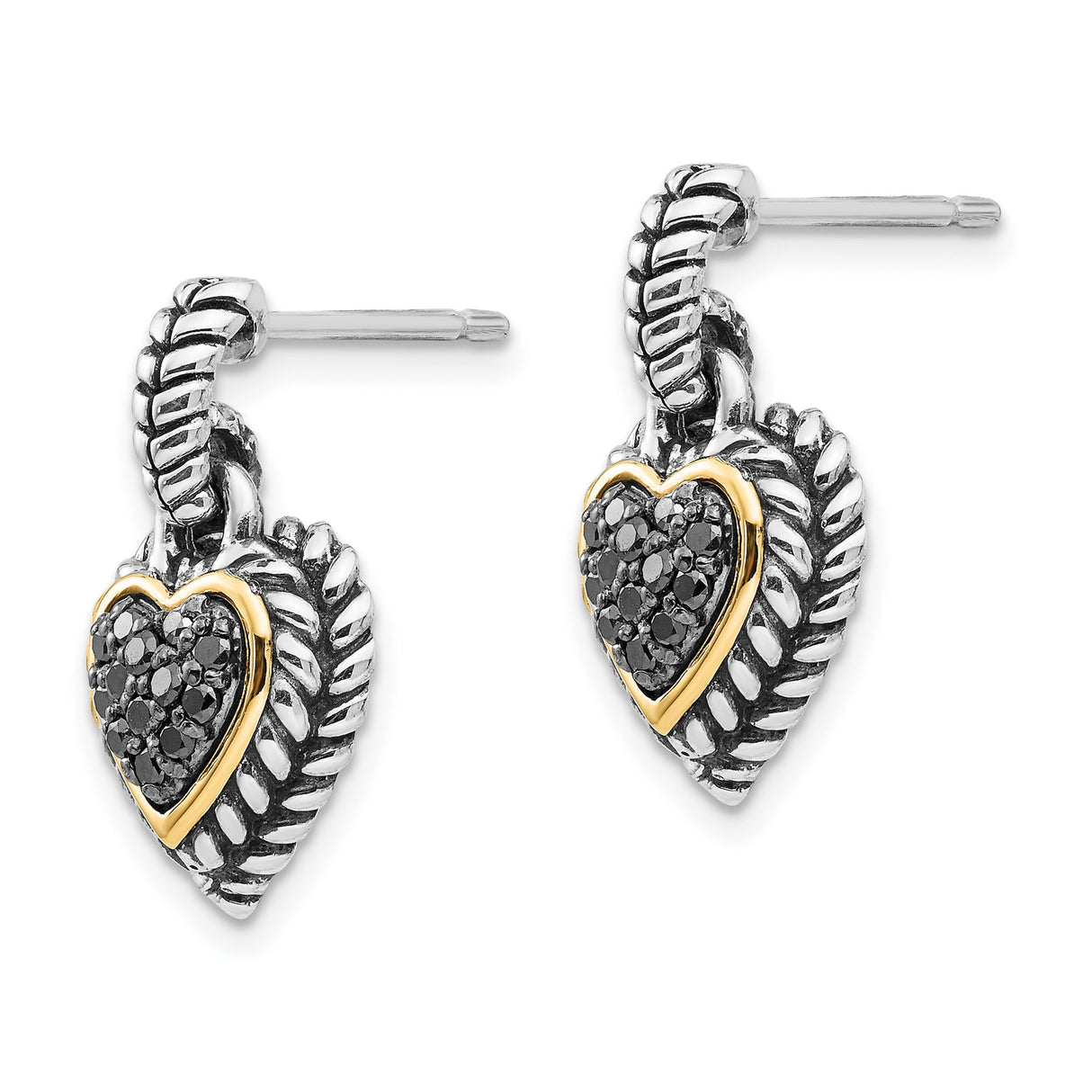 14k Two-Tone Yellow Gold Heart Drop Earrings with Black Diamond and Rope Border