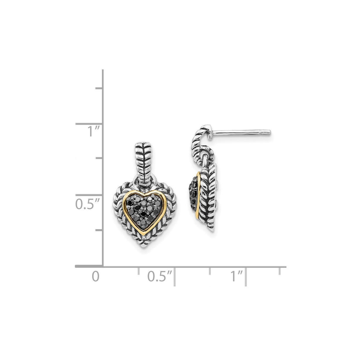 14k Two-Tone Yellow Gold Heart Drop Earrings with Black Diamond and Rope Border