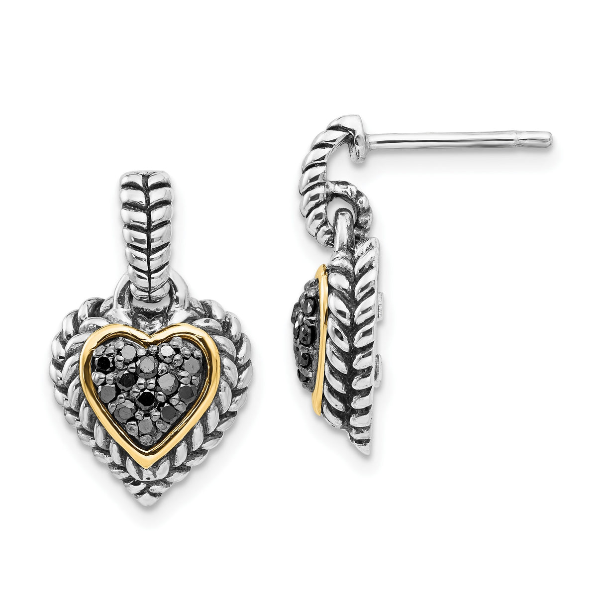 14k Yellow Gold and Sterling Silver Heart Drop Earrings with Black Diamond and Rope Border
