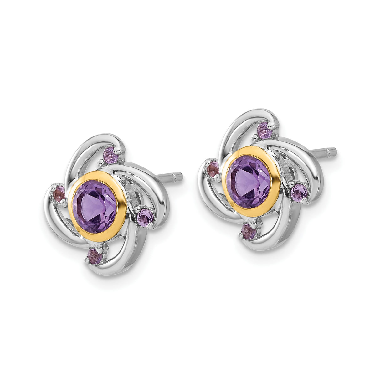 14k Yellow Gold Stud Earrings with Amethyst Center, Floral Swirl Design