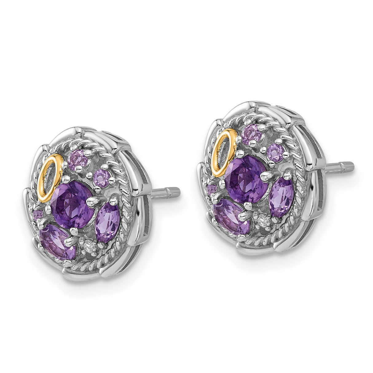 14k Yellow Gold Stud Earrings with Amethyst and Quartz, Two-Tone Round Cluster Design