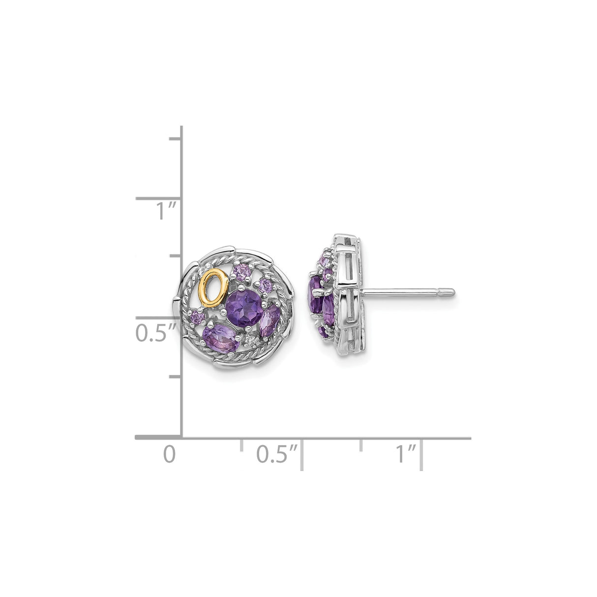 14k Yellow Gold Stud Earrings with Amethyst and Quartz, Two-Tone Round Cluster Design