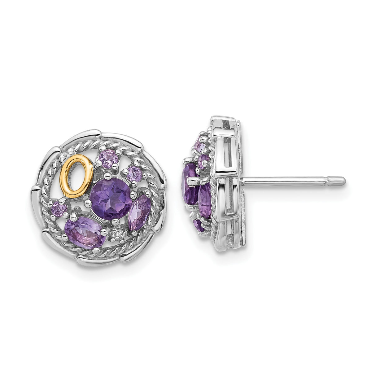 14k Yellow Gold Stud Earrings with Amethyst and Quartz, Two-Tone Round Cluster Design