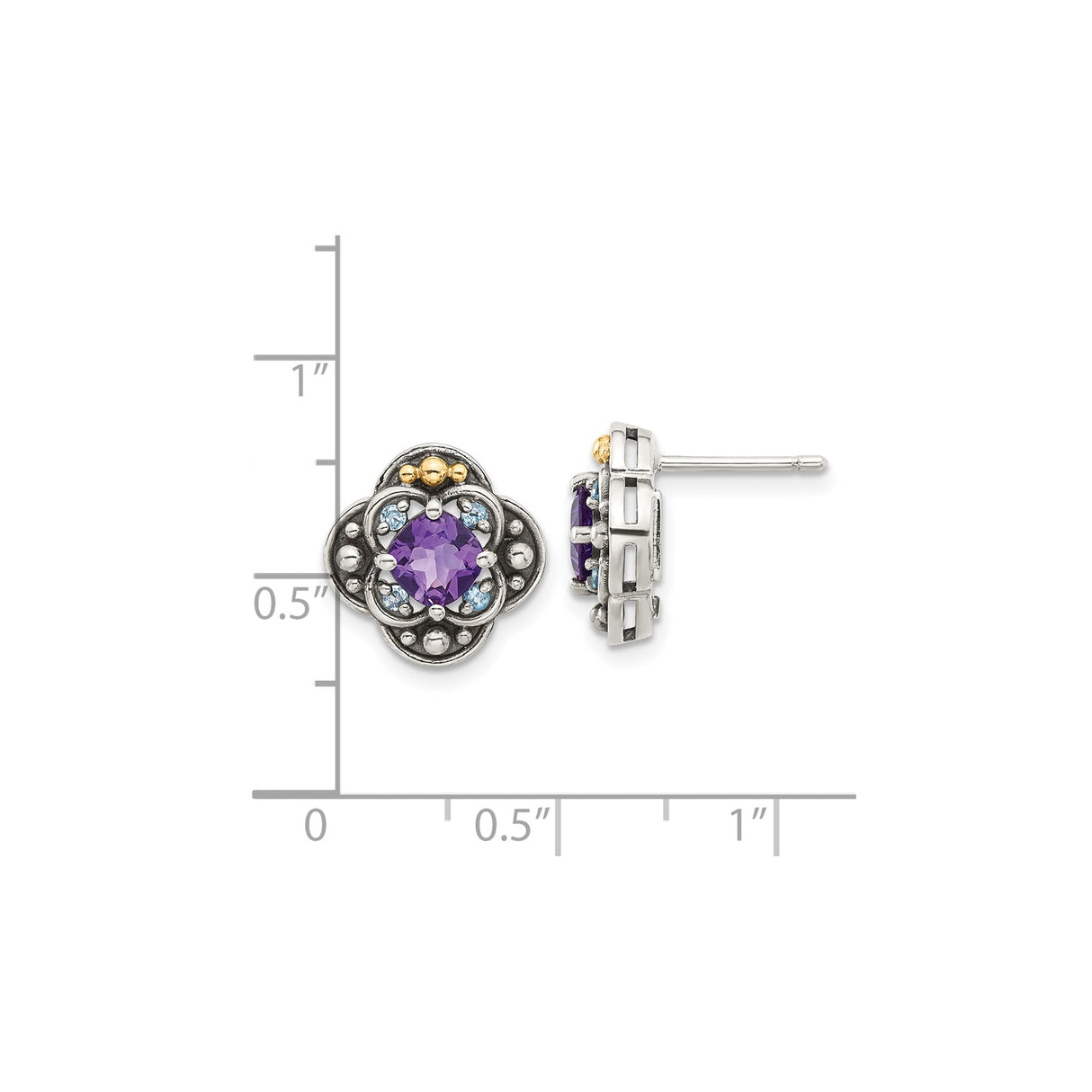 14k Yellow Gold Stud Earrings with Amethyst and Blue Topaz, Floral Motif, Vintage Boho Style