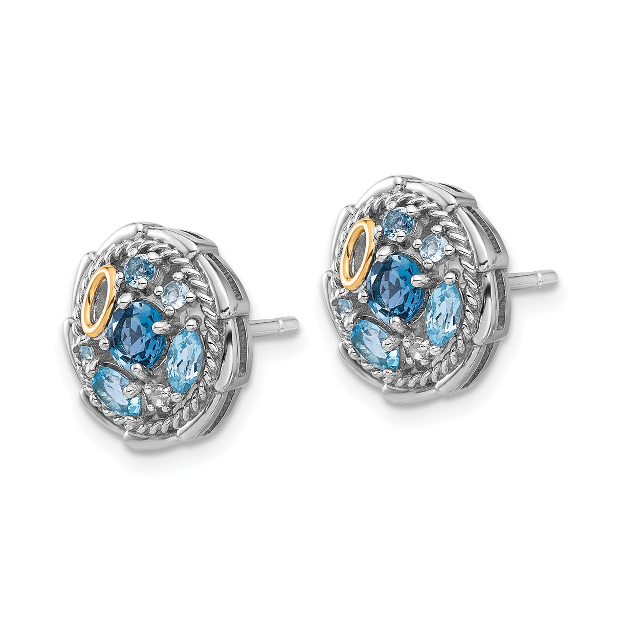 14k Yellow Gold Stud Earrings with London Blue Topaz and Swiss Blue Topaz in Floral Design