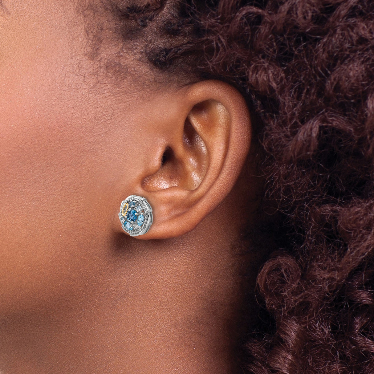 14k Yellow Gold Stud Earrings with London Blue Topaz and Swiss Blue Topaz in Floral Design