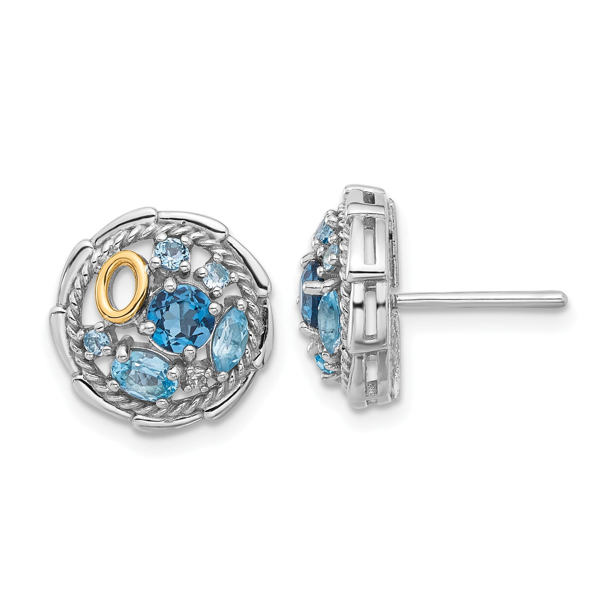 14k Yellow Gold Stud Earrings with London Blue Topaz and Swiss Blue Topaz in Floral Design