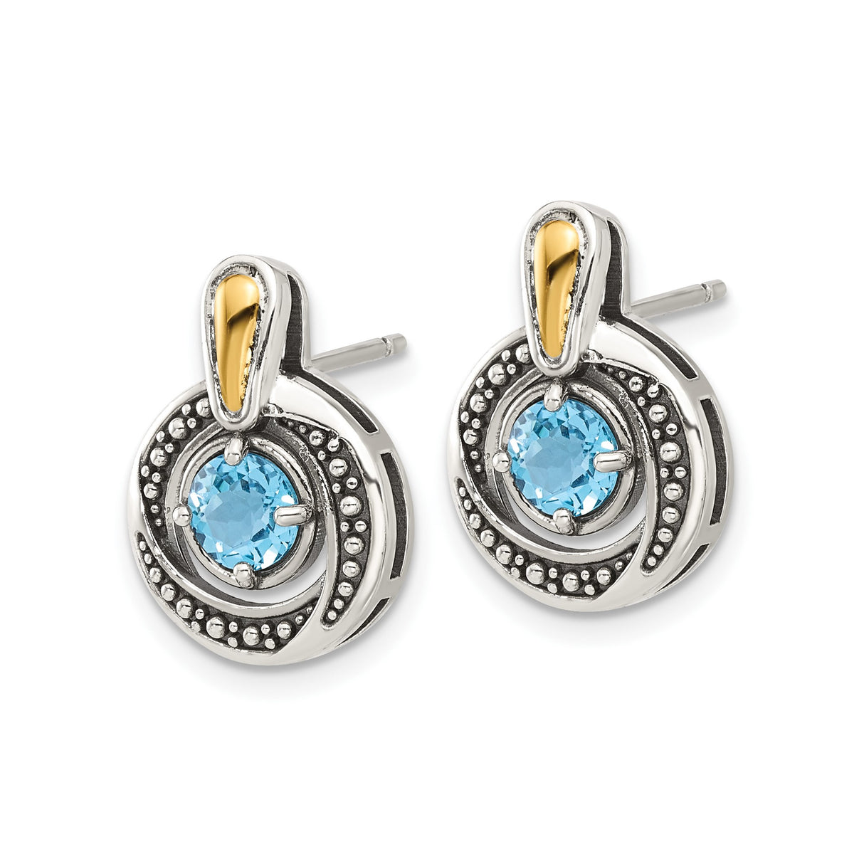 14k Two-Tone Yellow Gold Stud Earrings with Swiss Blue Topaz, Beaded Circle Design