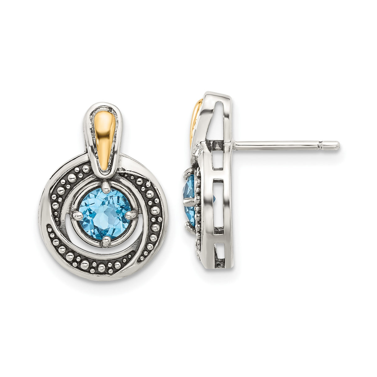 14k Yellow Gold and Sterling Silver Stud Earrings with Swiss Blue Topaz, Beaded Circle Design