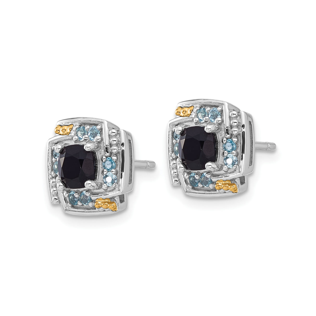 14k Yellow Gold Stud Earrings with Black Onyx, Blue Topaz Accents, Geometric Design