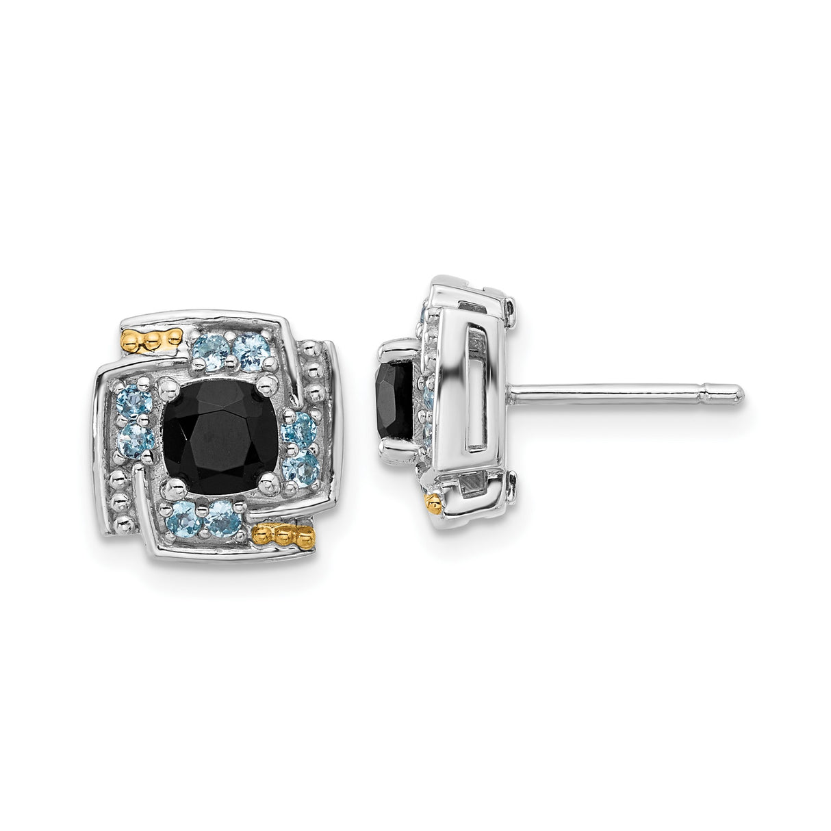 14k Yellow Gold Stud Earrings with Black Onyx, Blue Topaz Accents, Geometric Design