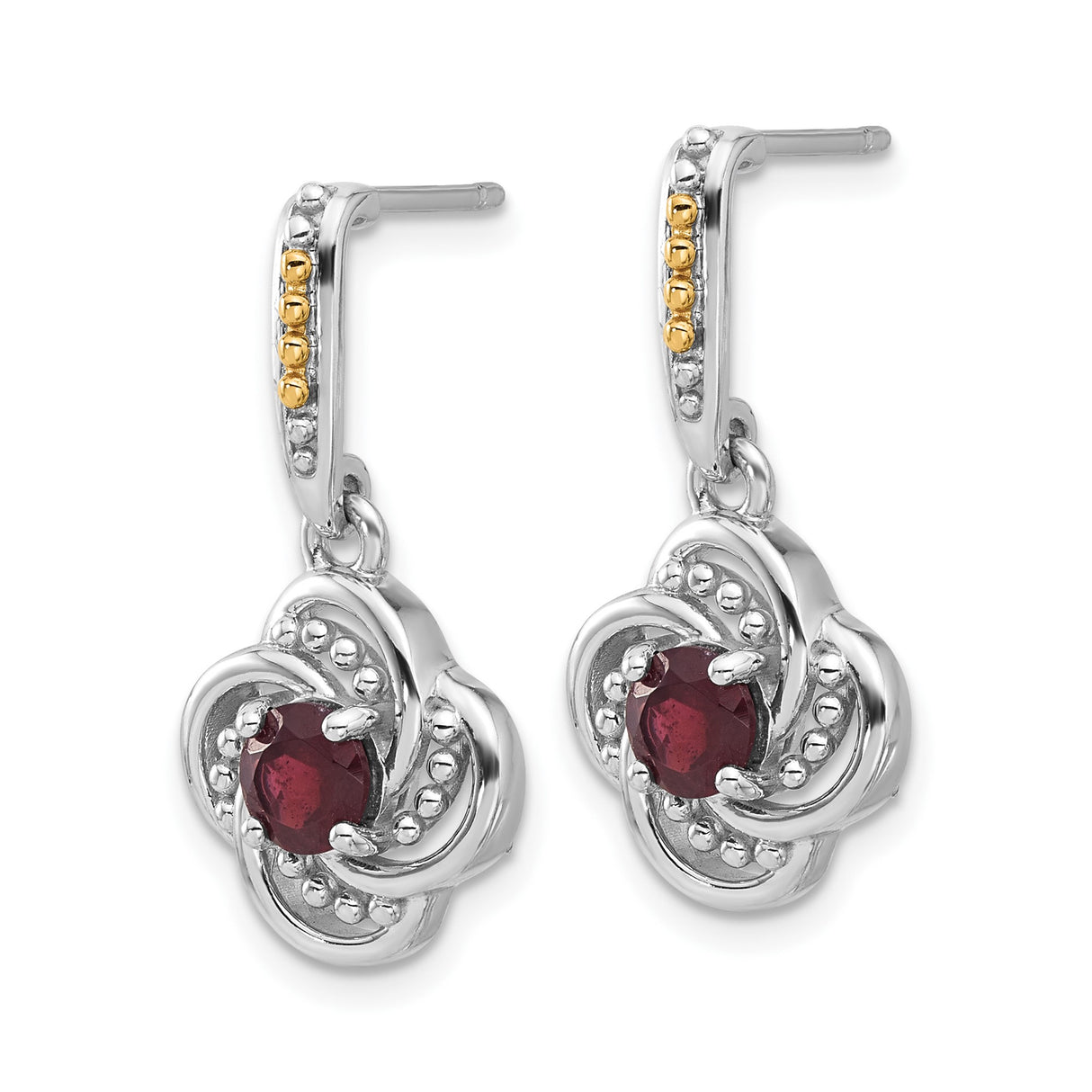 14k Two-Tone Yellow Gold Dangle Earrings with Garnet, Floral Openwork and Swirl Design