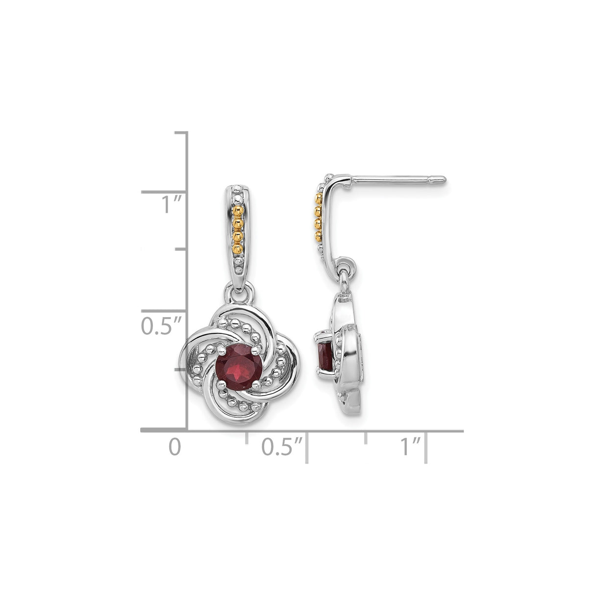 14k Two-Tone Yellow Gold Dangle Earrings with Garnet, Floral Openwork and Swirl Design