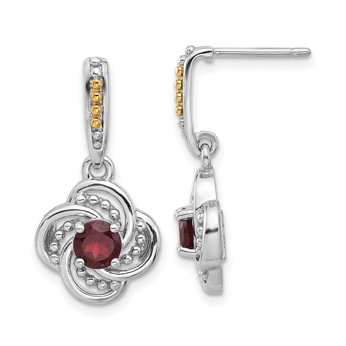 14k Yellow Gold and Sterling Silver Dangle Earrings with Garnet, Floral Openwork and Swirl Design
