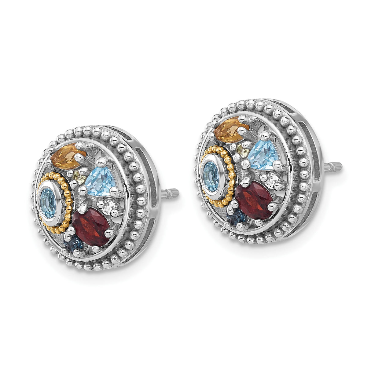 14k Yellow Gold Stud Earrings with London Blue Topaz and Swiss Blue Topaz, Round Cluster Design