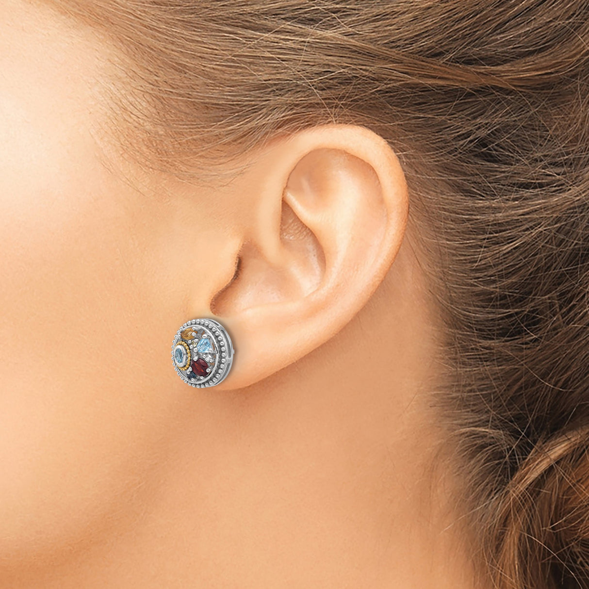 14k Yellow Gold Stud Earrings with London Blue Topaz and Swiss Blue Topaz, Round Cluster Design