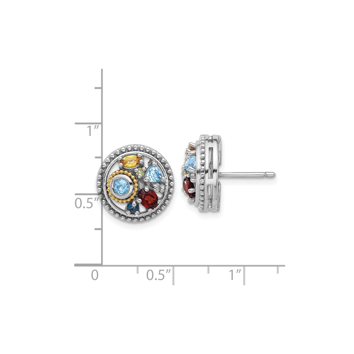 14k Yellow Gold Stud Earrings with London Blue Topaz and Swiss Blue Topaz, Round Cluster Design