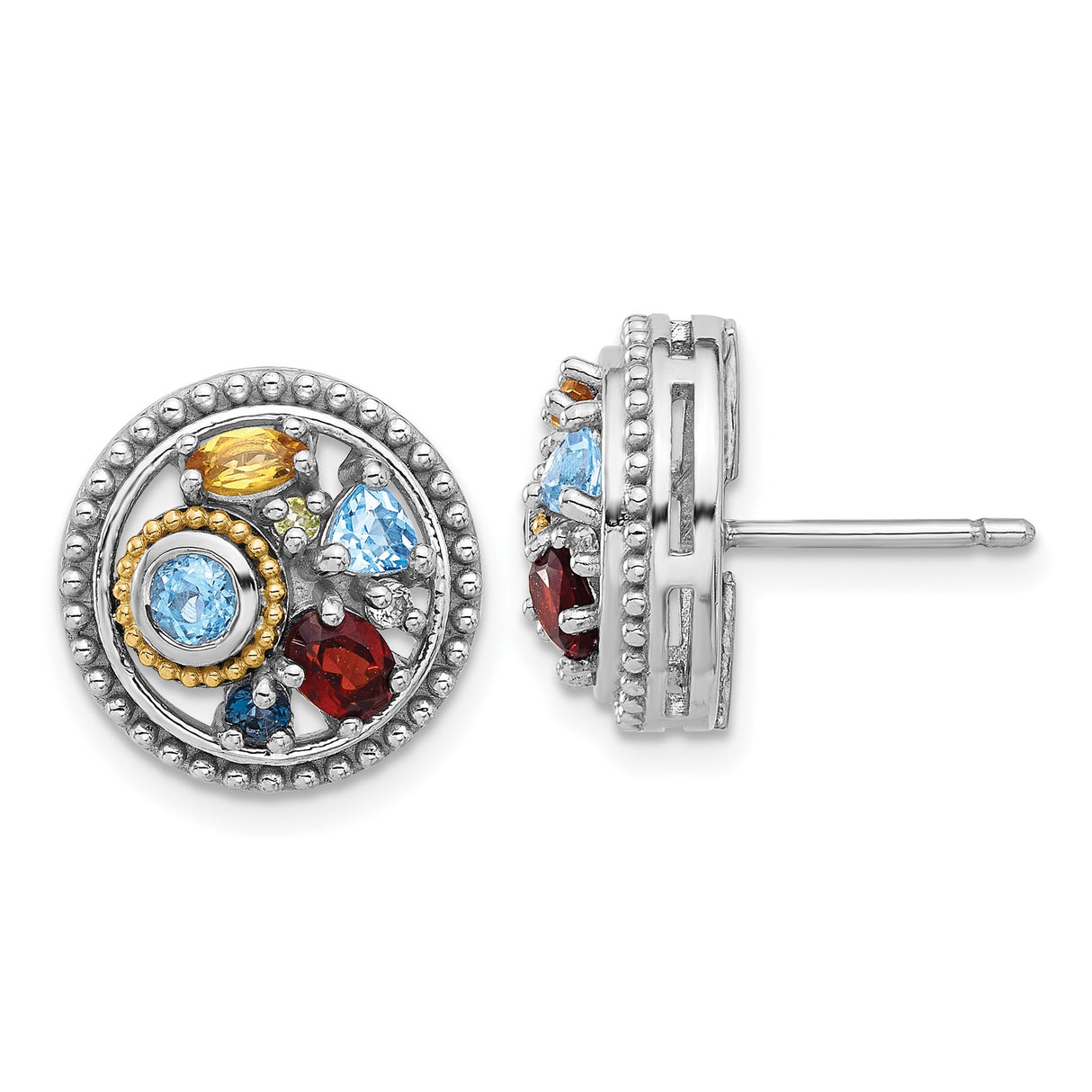 14k Yellow Gold Stud Earrings with London Blue Topaz and Swiss Blue Topaz, Round Cluster Design
