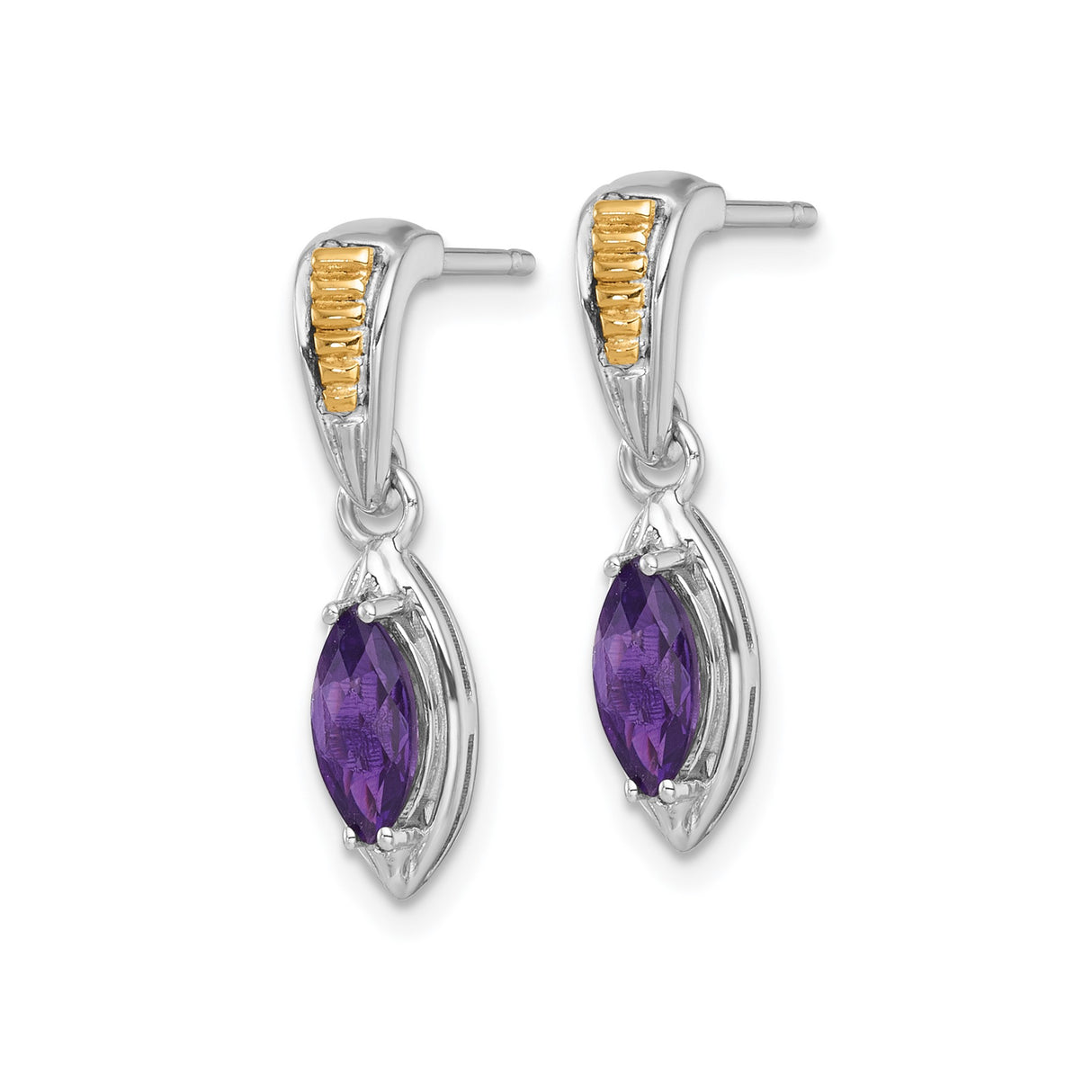 14k Yellow Gold Dangle Earrings with Marquise Cut Amethyst, Two-Tone Drop Style for Women