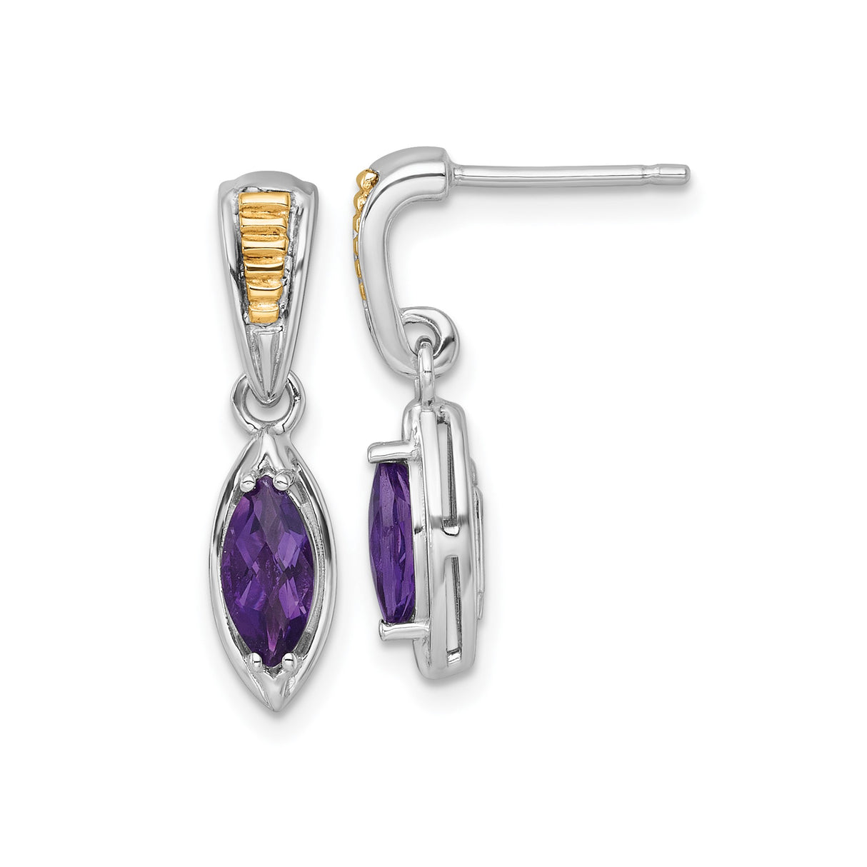 14k Yellow Gold Dangle Earrings with Marquise Cut Amethyst, Two-Tone Drop Style for Women
