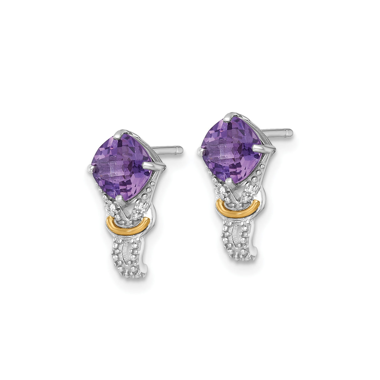 14k Yellow Gold Stud Earrings with Amethyst and Diamond Accents, Two-Tone Beaded Detail Design