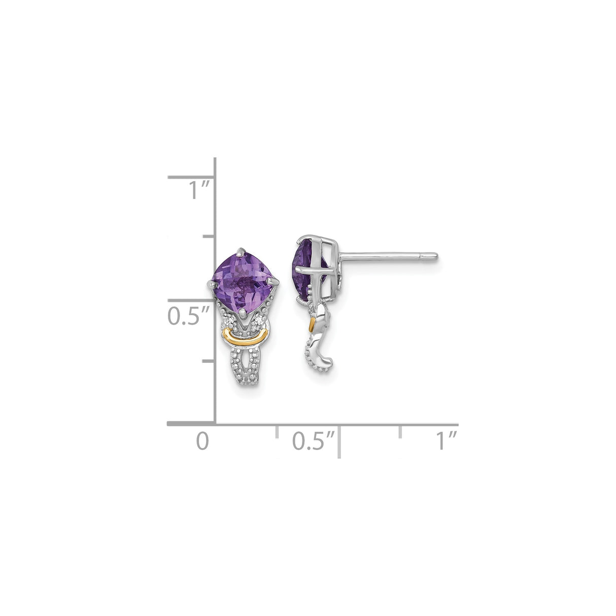 14k Yellow Gold Stud Earrings with Amethyst and Diamond Accents, Two-Tone Beaded Detail Design
