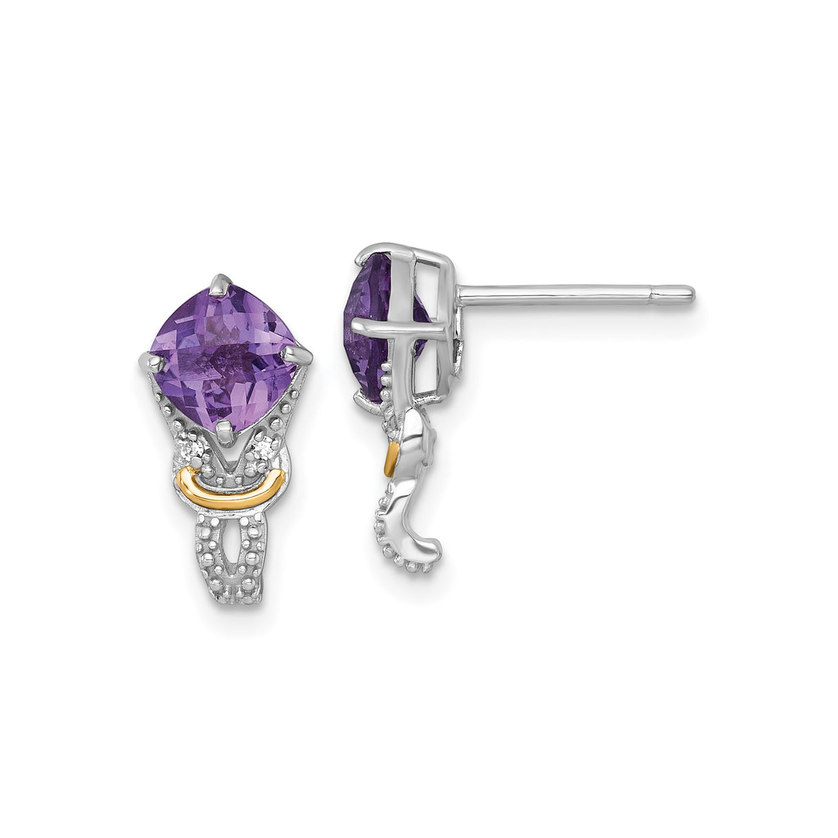 14k Yellow Gold Stud Earrings with Amethyst and Diamond Accents, Two-Tone Beaded Detail Design