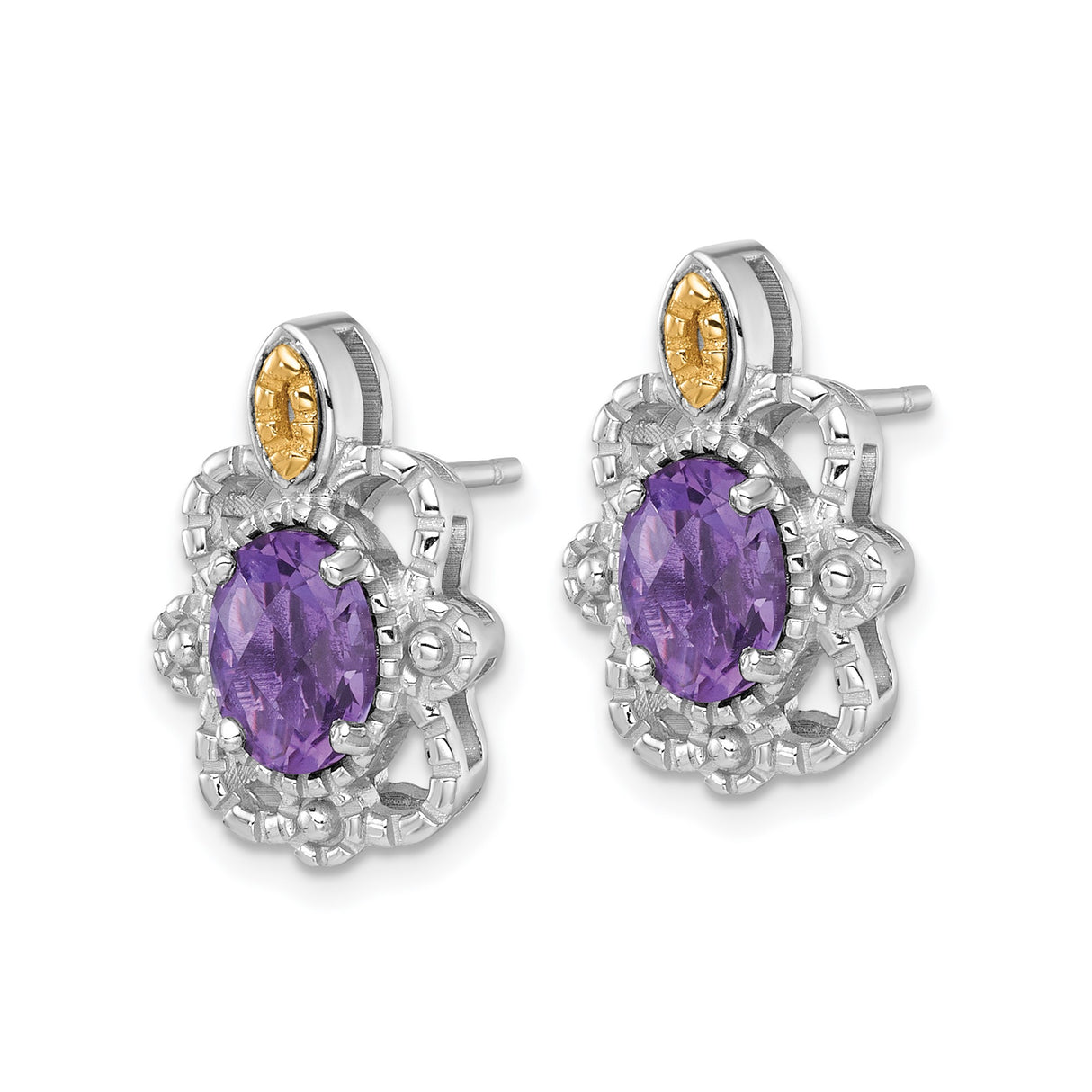 14k Two-Tone Yellow Gold Amethyst Stud Earrings with Marquise Accent, Vintage Floral Style