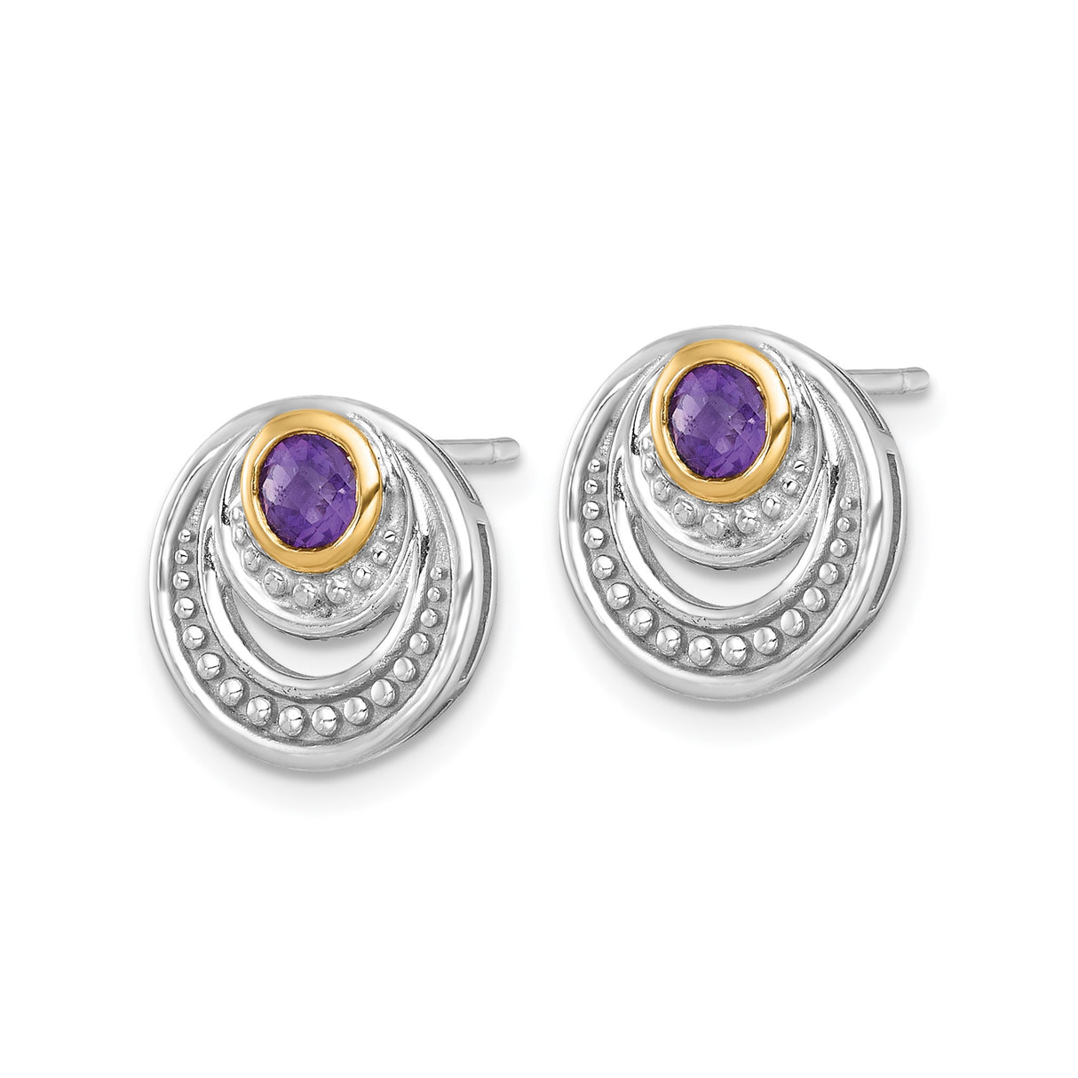 14k Yellow Gold Stud Earrings with Amethyst, Two-Tone Concentric Circle Moon-Inspired Design