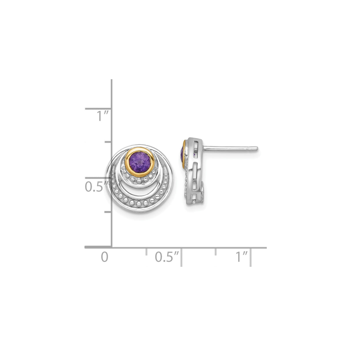 14k Yellow Gold Stud Earrings with Amethyst, Two-Tone Concentric Circle Moon-Inspired Design