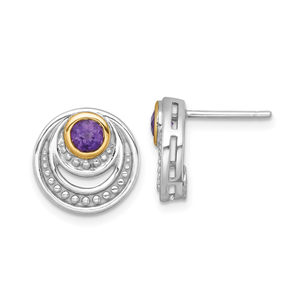 14k Yellow Gold Stud Earrings with Amethyst, Two-Tone Concentric Circle Moon-Inspired Design