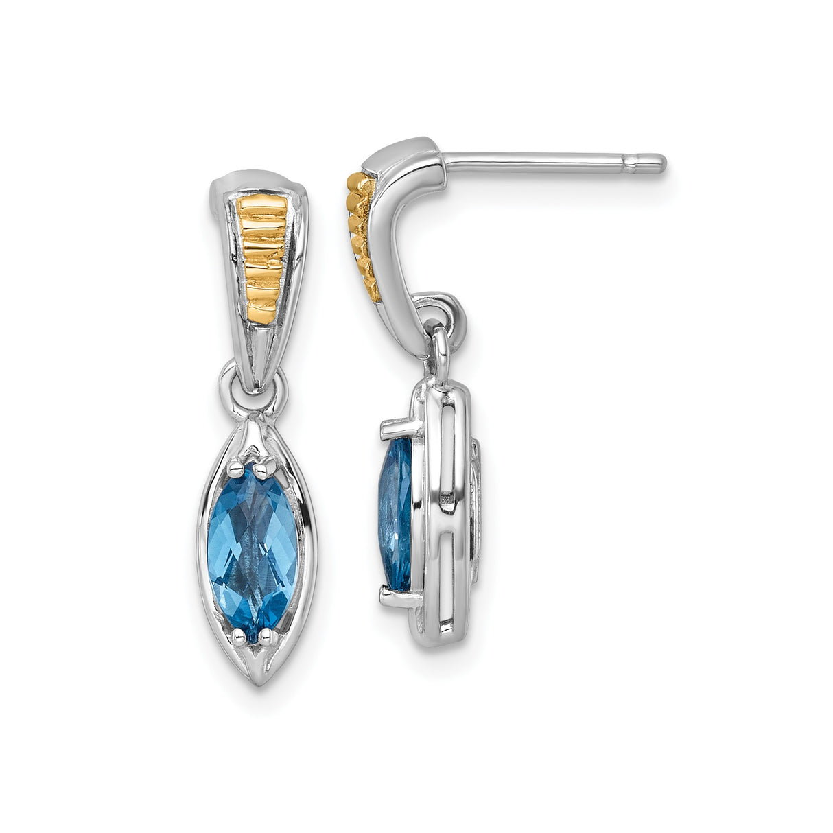 14k Yellow Gold and Sterling Silver Dangle Earrings with London Blue Topaz, Marquise Cut, Drop Design