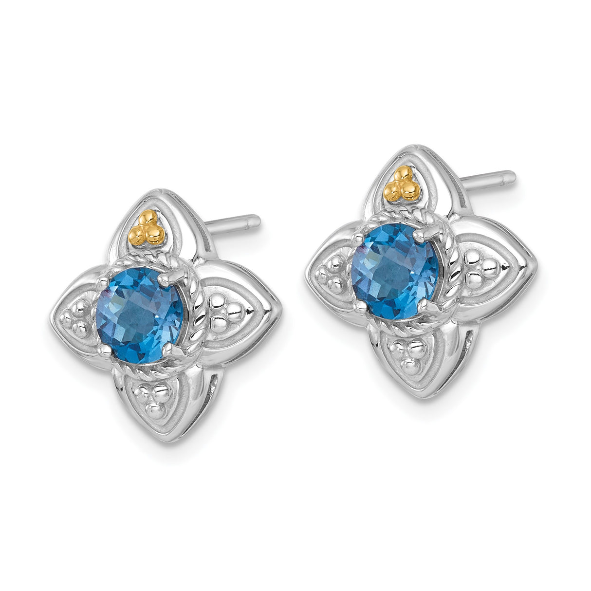 14k Two-Tone Yellow Gold Stud Earrings with London Blue Topaz, Floral Cross Design
