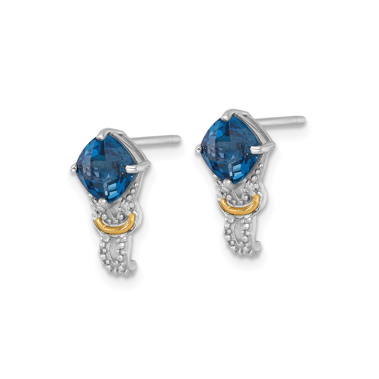 14k Yellow Gold Stud Earrings with London Blue Topaz and Diamond Accents, Cushion Cut Design