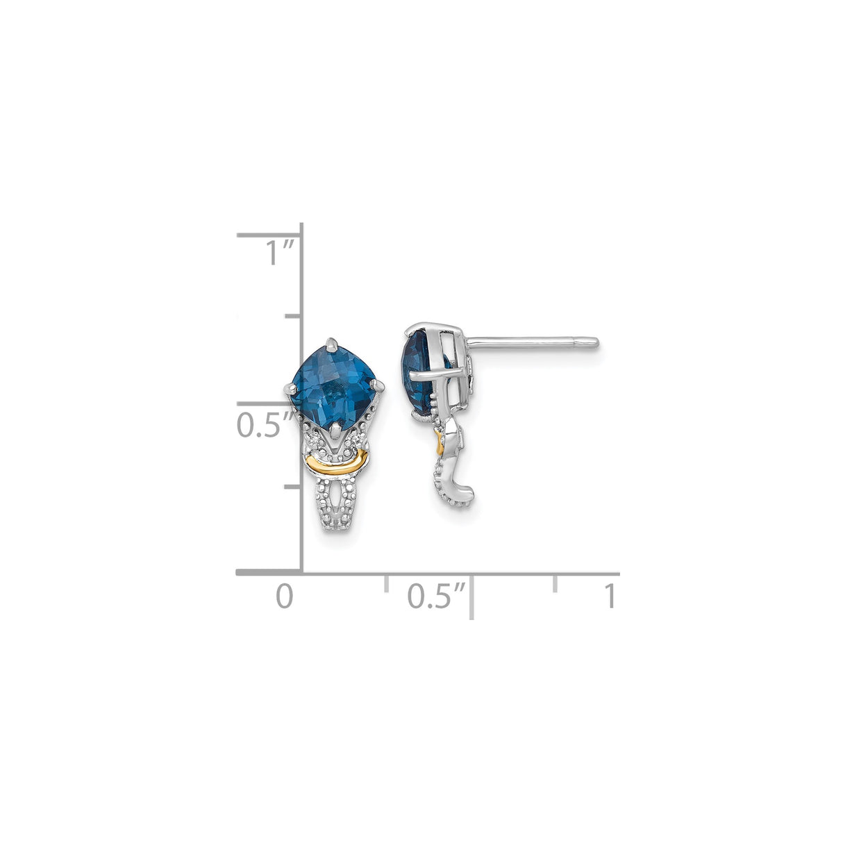 14k Yellow Gold Stud Earrings with London Blue Topaz and Diamond Accents, Cushion Cut Design