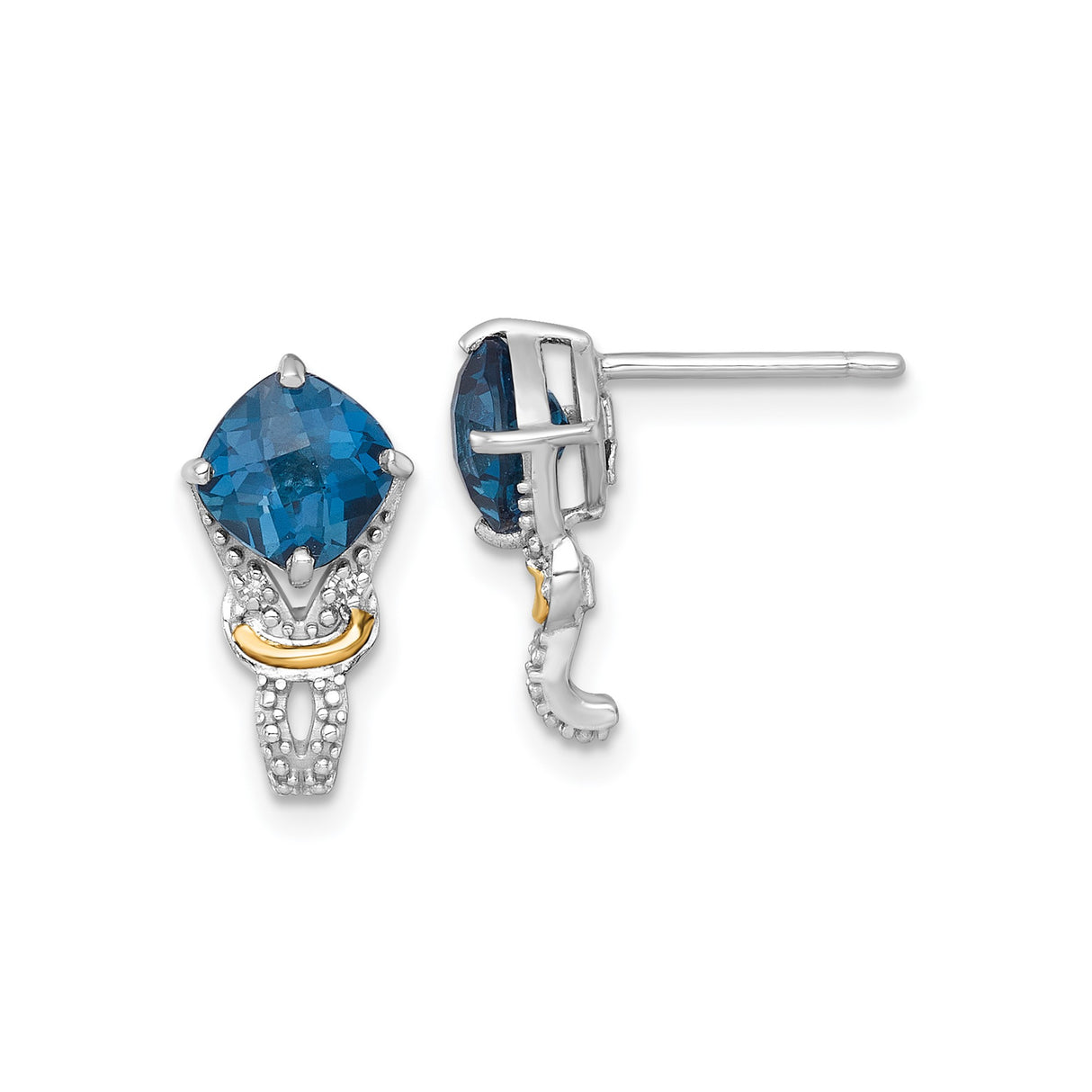 14k Yellow Gold Stud Earrings with London Blue Topaz and Diamond Accents, Cushion Cut Design