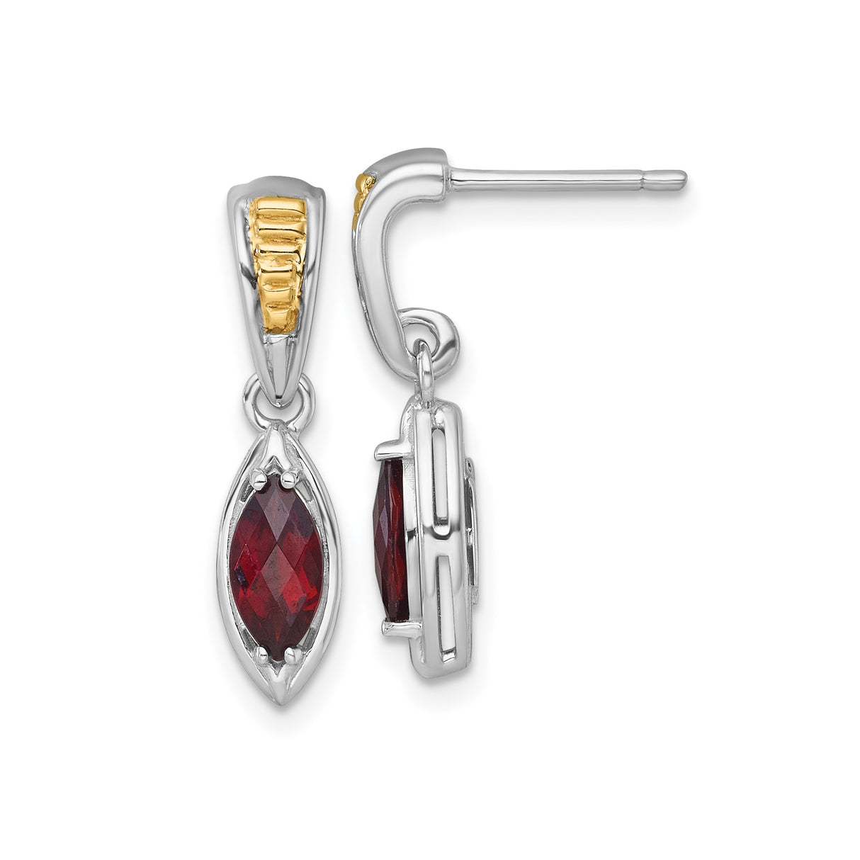 14k Yellow Gold and Sterling Silver Dangle Earrings with Garnet, Marquise Cut, Bezel Set Drop Design