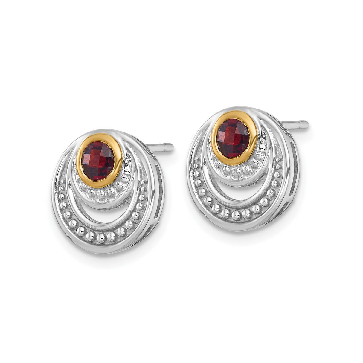 14k Yellow Gold Stud Earrings with Bezel Set Garnet, Two-Tone Boho Vintage Beaded Design