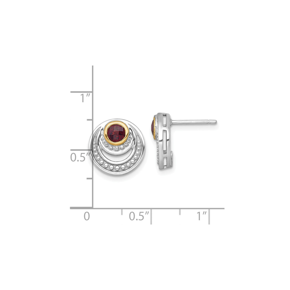 14k Yellow Gold Stud Earrings with Bezel Set Garnet, Two-Tone Boho Vintage Beaded Design