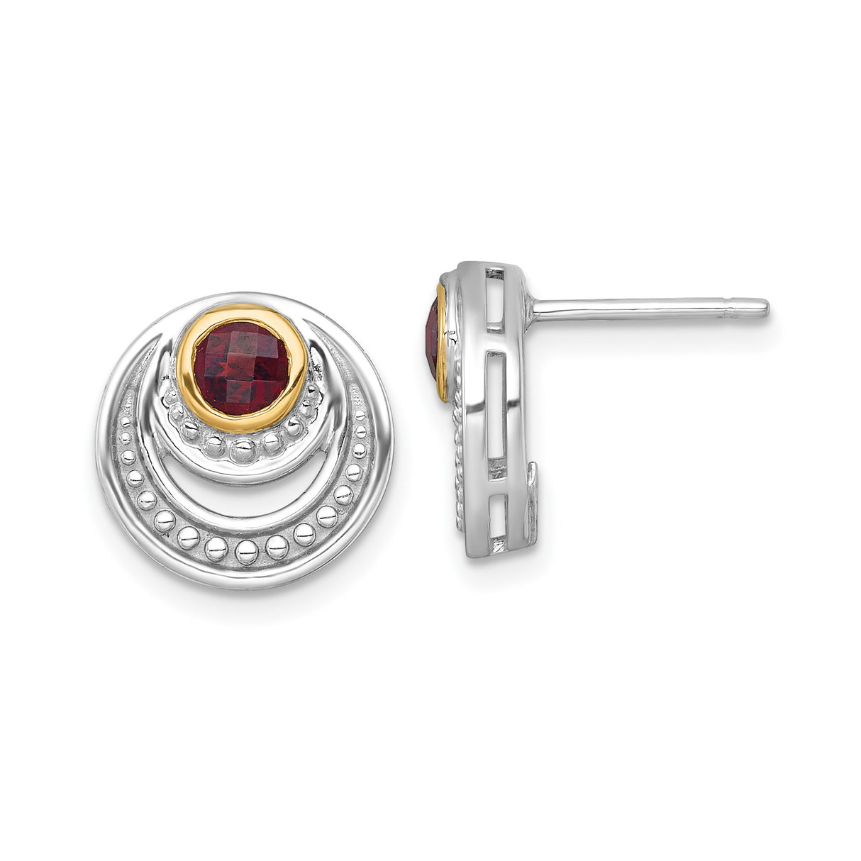14k Yellow Gold Stud Earrings with Bezel Set Garnet, Two-Tone Boho Vintage Beaded Design