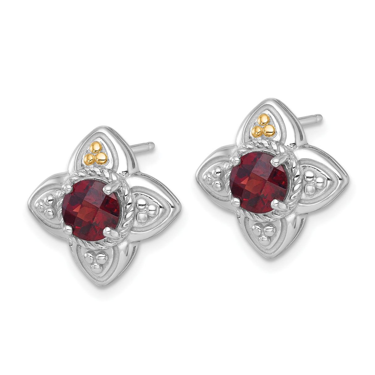 14k Two-Tone Yellow Gold Stud Earrings with Garnet, Floral Filigree Design
