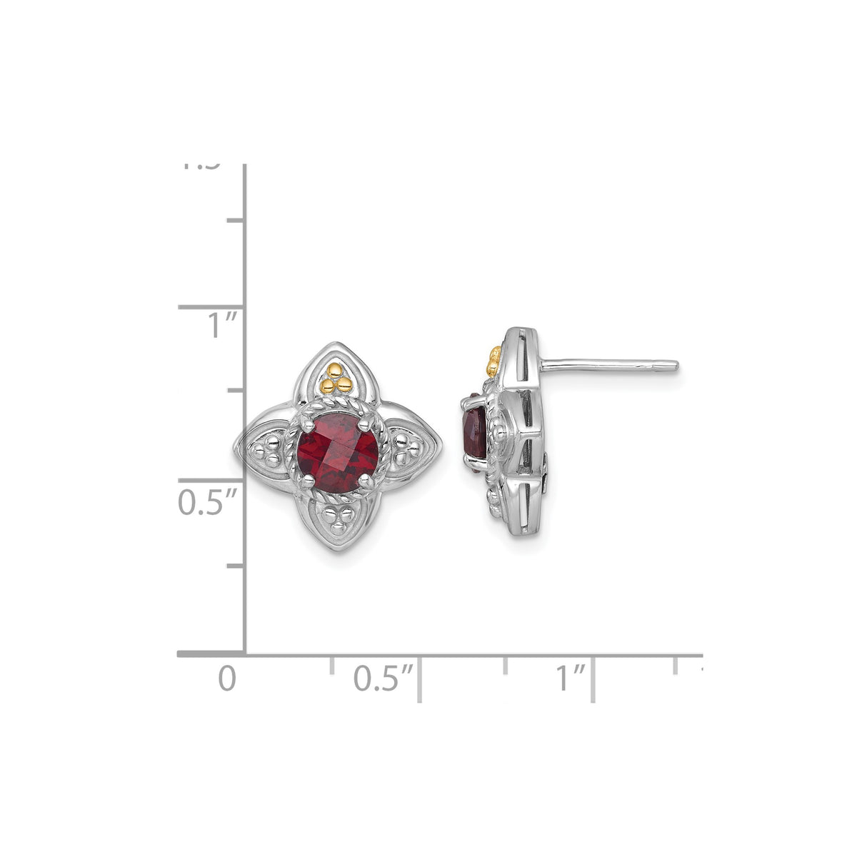 14k Two-Tone Yellow Gold Stud Earrings with Garnet, Floral Filigree Design